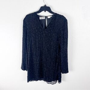 AMERICAN NIGHT Black 100% Natural Silk Beaded Long Sleeves Lined Dress Large